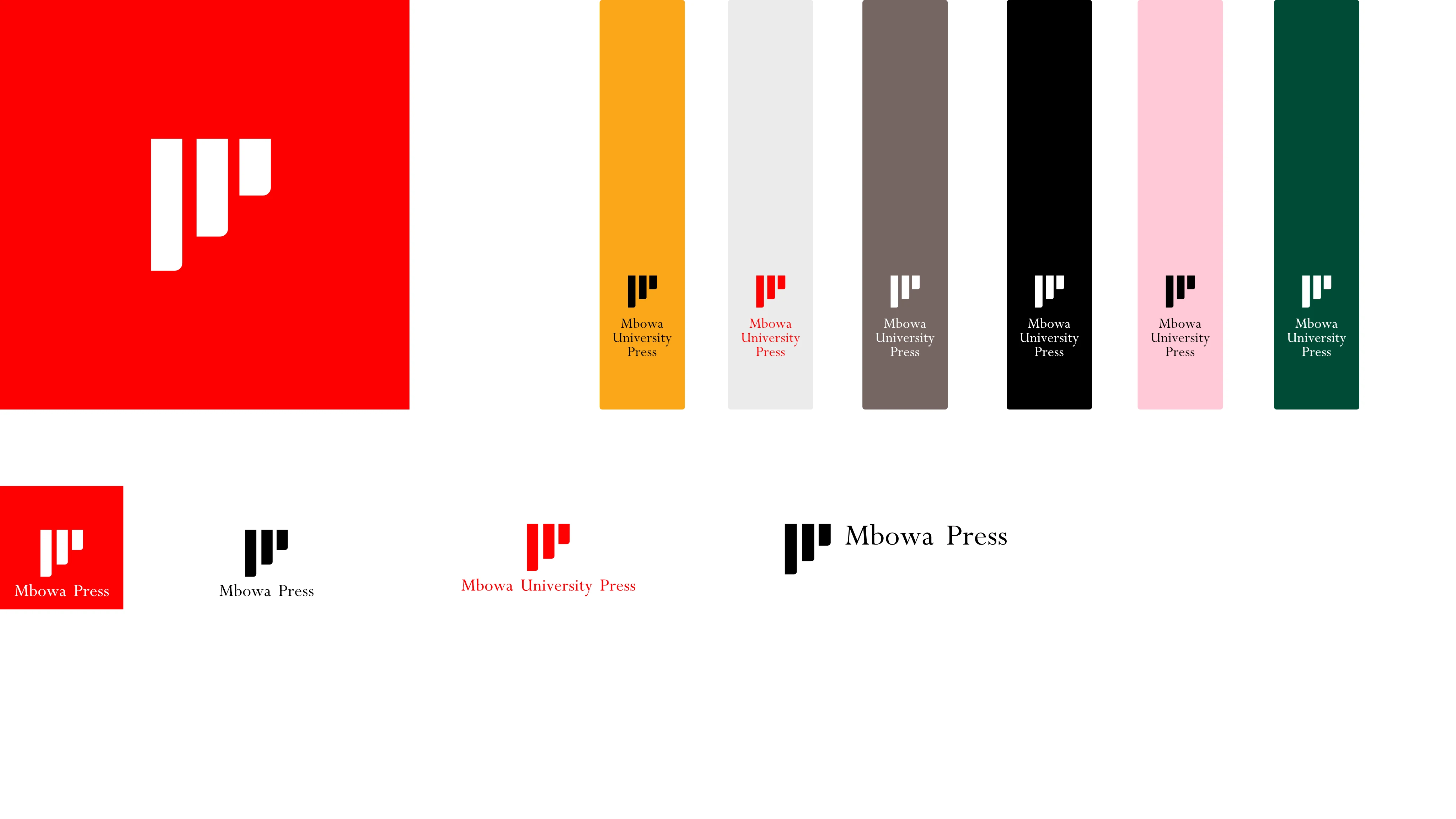 Mbowa Press identity system: the logomark on red, coloured spines for Mbowa University Press, and the logo lockups