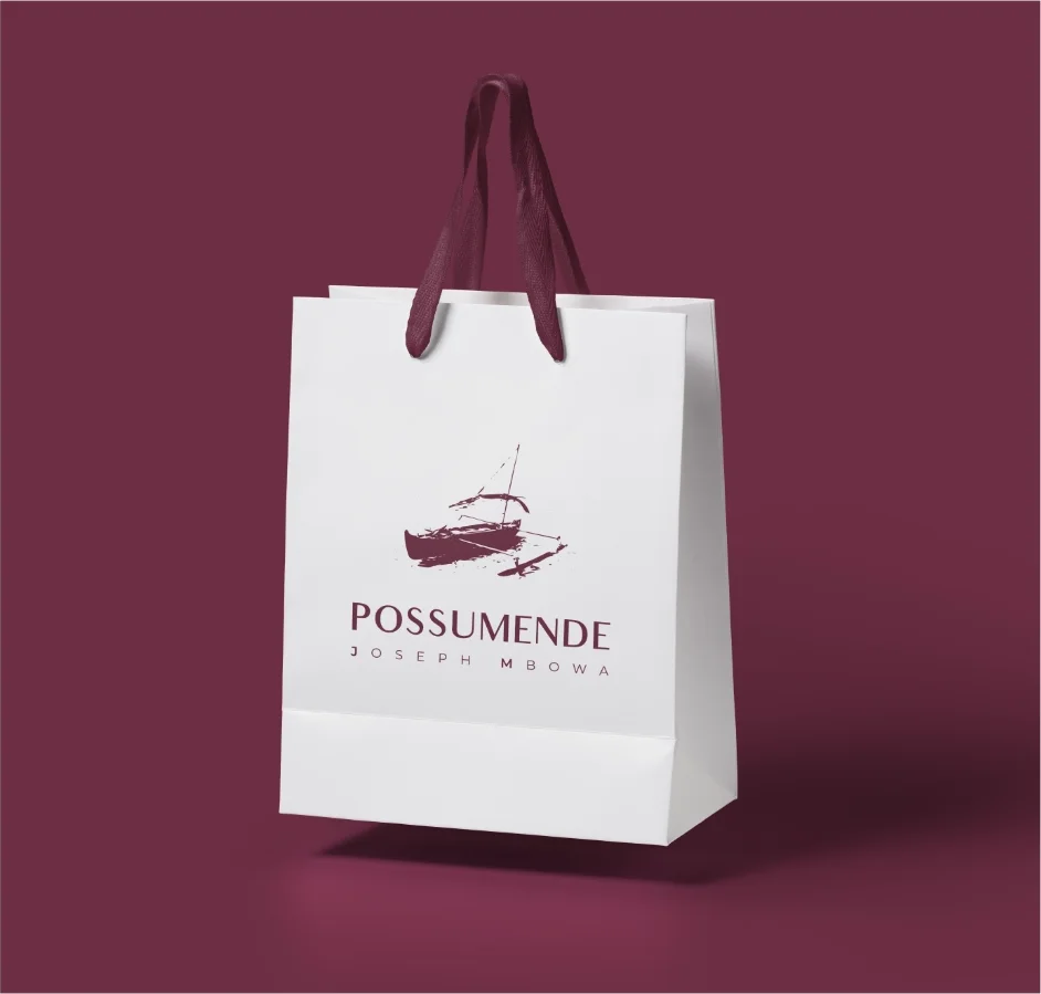 White Possumende carrier bag on a wine background