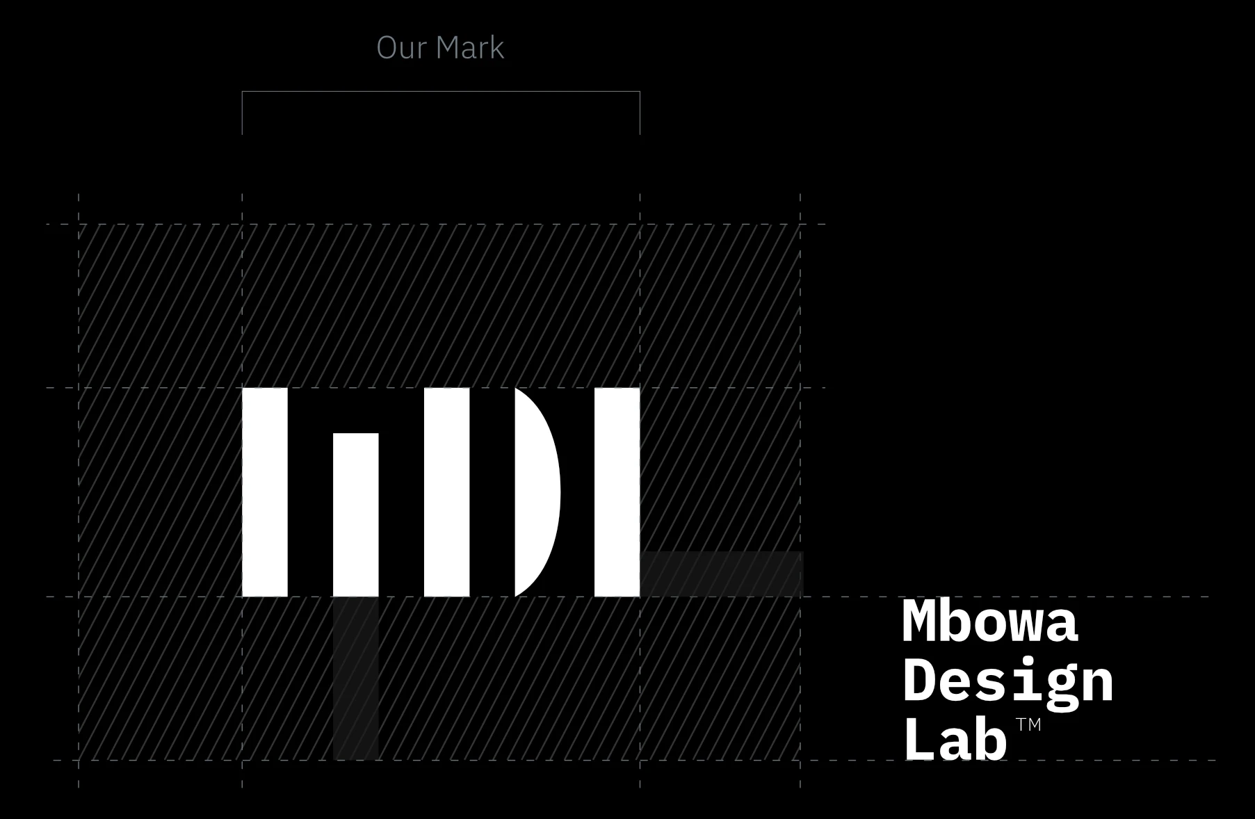 Construction drawing of the MDL mark on its grid, beside the wordmark